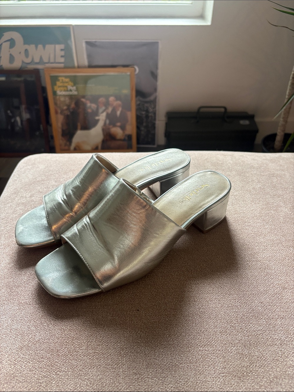 Seychelles Silver Metallic Slide Block Heel Mules